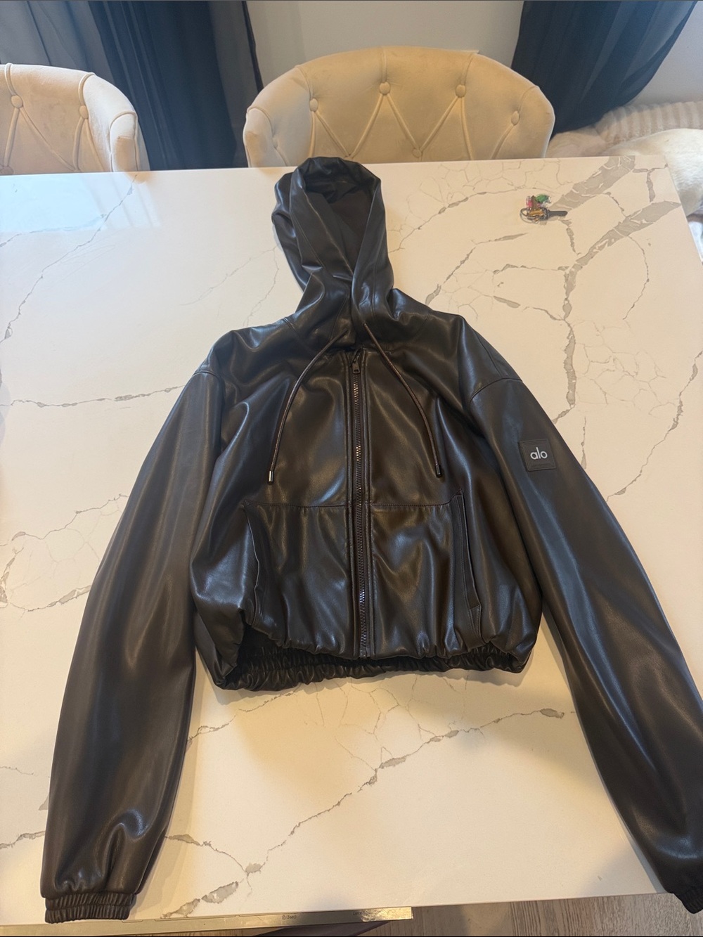 Alo Faux Leather Power Hour Full Zip Cropped Jacket - Espresso - size small